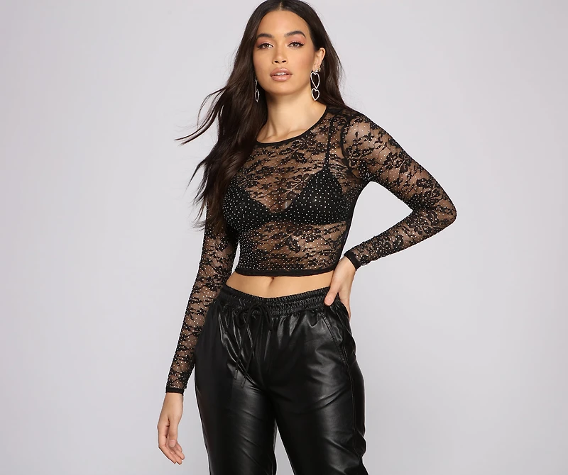 Heat Stone and Floral Lace Crop Top
