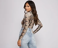 Velvet Snake Print Mock Neck Bodysuit