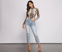 Velvet Snake Print Mock Neck Bodysuit