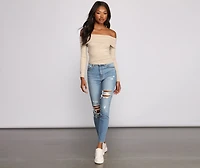 Ribbed Off The Shoulder Fold-Over Top