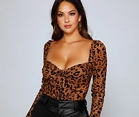 Ruched Burnout Leopard Print Mesh Bodysuit