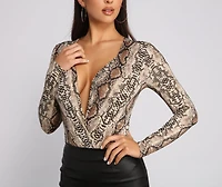 Sleek and Stylish Snake Print Surplice Bodysuit