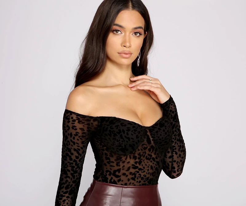 Flocked Velvet Leopard Print Mesh Bodysuit