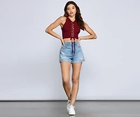 Totally Chic Lace Up Ribbed Knit Top