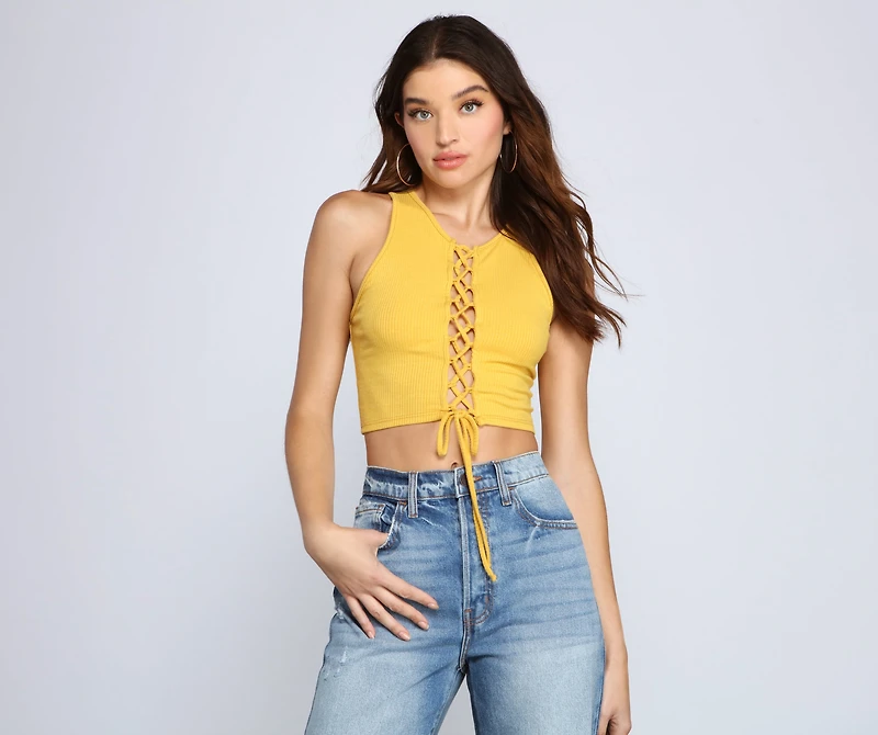 Totally Chic Lace Up Ribbed Knit Top