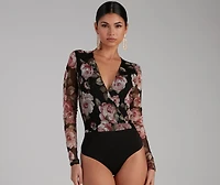 Autumn Roses Plunge Surplice Mesh Bodysuit