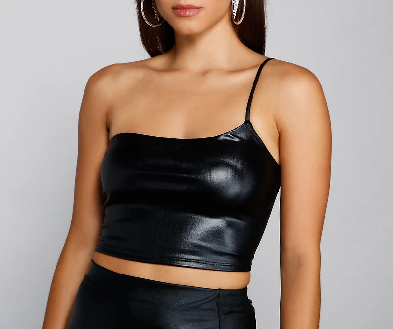 Dangerous Glam Faux Leather One Shoulder Crop Top