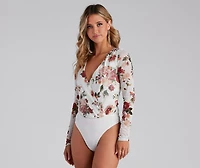 Natural Bloom Mesh Floral Surplice Bodysuit