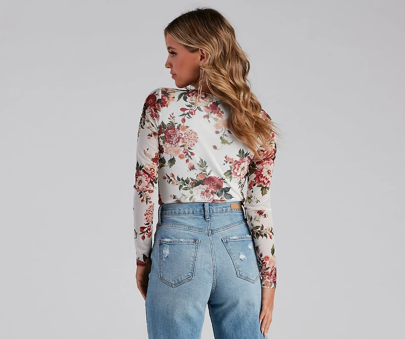 Natural Bloom Mesh Floral Surplice Bodysuit