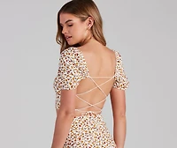 Ditsy Blooms Lace-Up Crop Top
