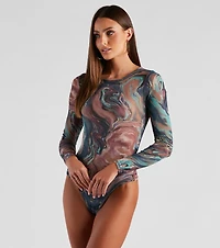 Artistic Swirls Mesh Crew Bodysuit