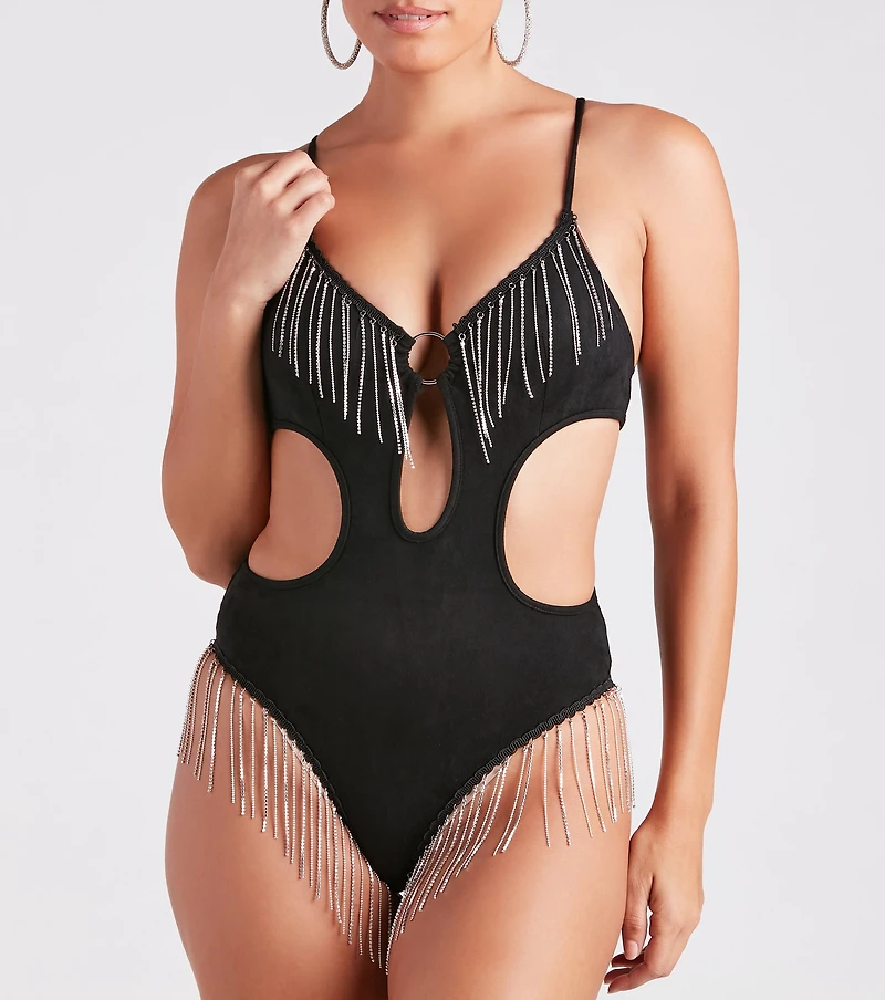 Fringed Out Rhinestone Faux Suede Bodysuit