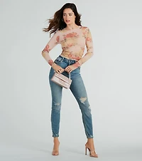 Elevate The Charm Long Sleeve Floral Mesh Crop Top