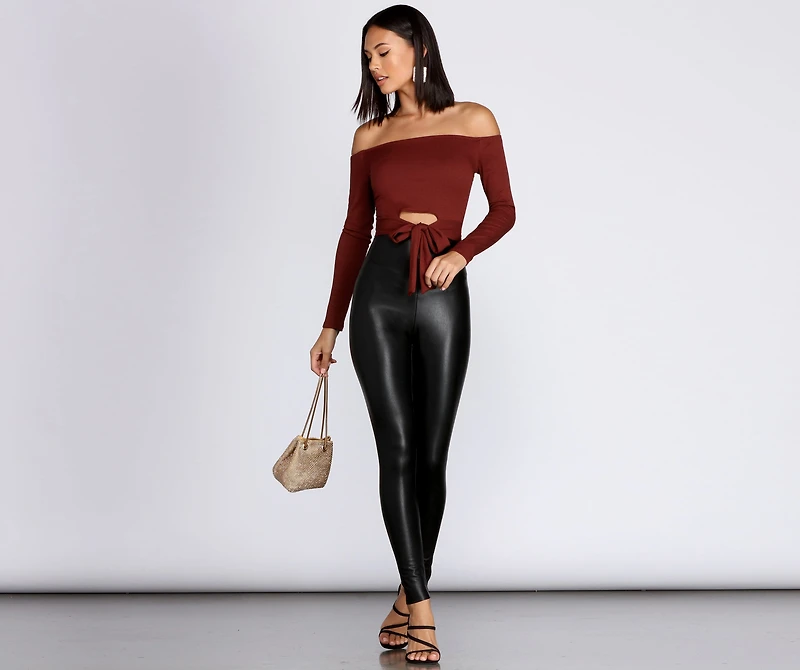 Off Shoulder Tie Front Crop Top