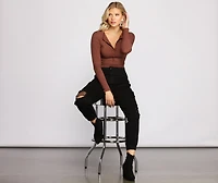 Button-Front Ribbed Knit Henley Top