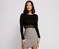Ribbed Tie Back Lace Hem Crop Top