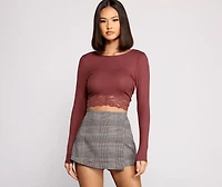 Ribbed Tie Back Lace Hem Crop Top