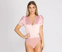 Ruched Satin Surplice Bodysuit