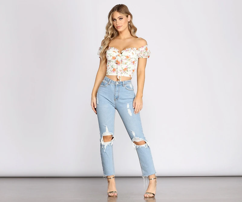 Flower Move Tie Front Off Shoulder Crop Top