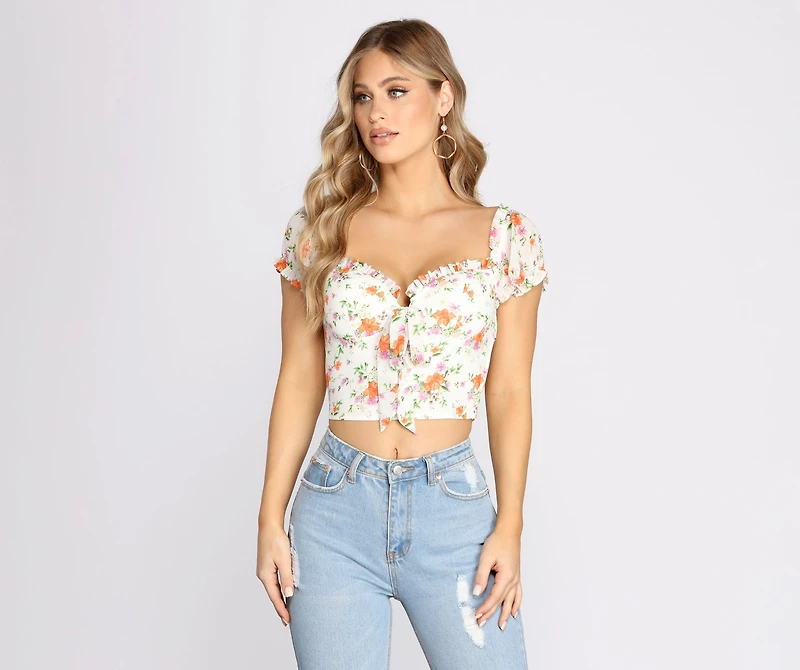 Flower Move Tie Front Off Shoulder Crop Top