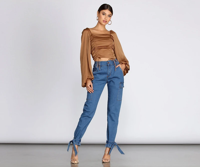 Satin Drawstring Smocked Blouse