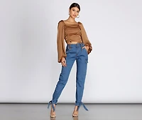 Satin Drawstring Smocked Blouse