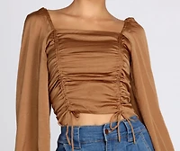 Satin Drawstring Smocked Blouse