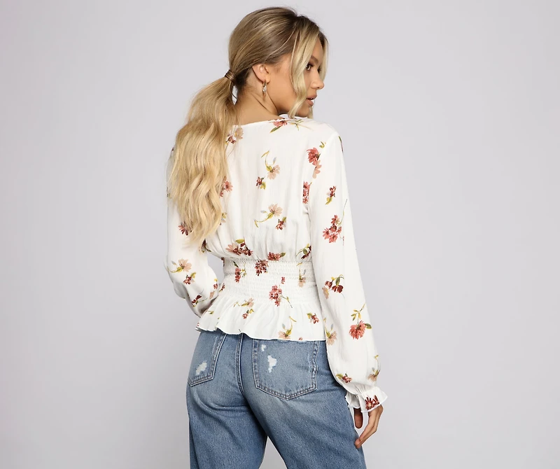 Smocked Long Sleeve Floral Surplice Gauze Top