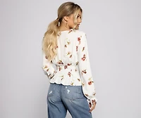 Smocked Long Sleeve Floral Surplice Gauze Top