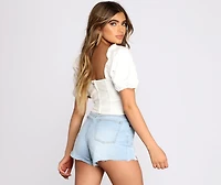 Denim Puff Sleeve Crop Top