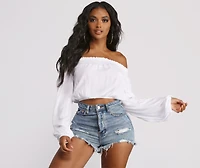 Off The Shoulder Long Sleeve Gauze Crop Top