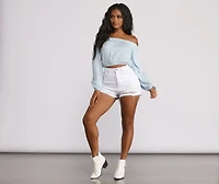 Off The Shoulder Long Sleeve Gauze Crop Top