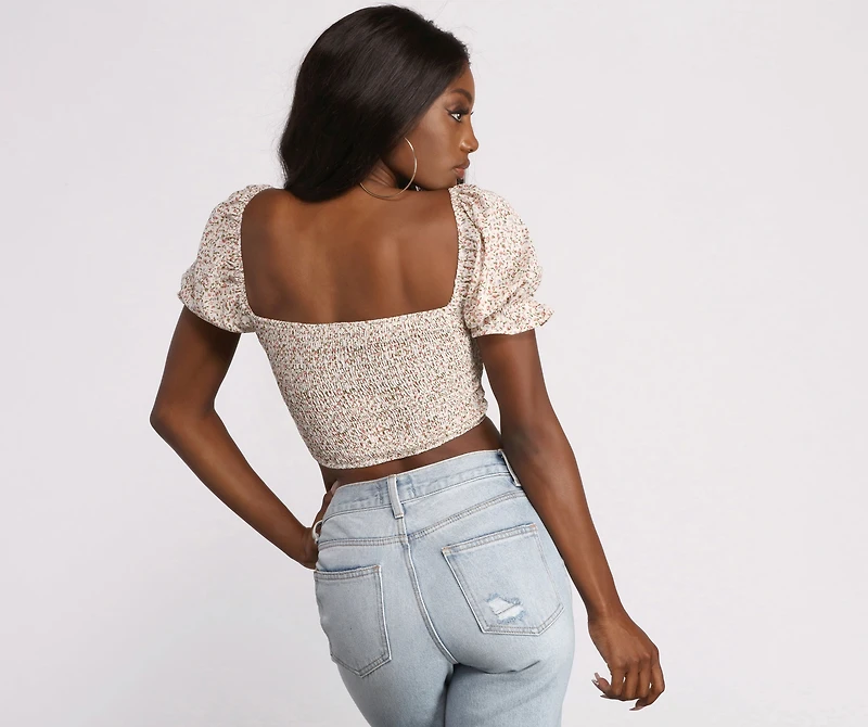 Cropped Floral Ditsy Puff Sleeve Top
