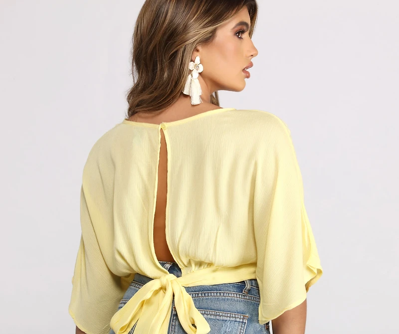 Plunging Surplice Tie Back Gauze Crop Top
