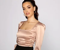 Sleek Satin Puff Sleeve Crop Top