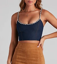 Rare Find Pearl Rhinestone Trim Denim Corset
