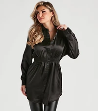 Fall Nights Satin Button-Up Short Dress