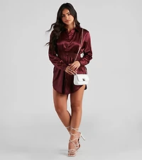 Fall Nights Satin Button-Up Short Dress