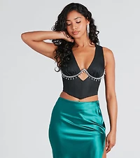 Look At Her Now Rhinestone Fringe Trim Crop Top