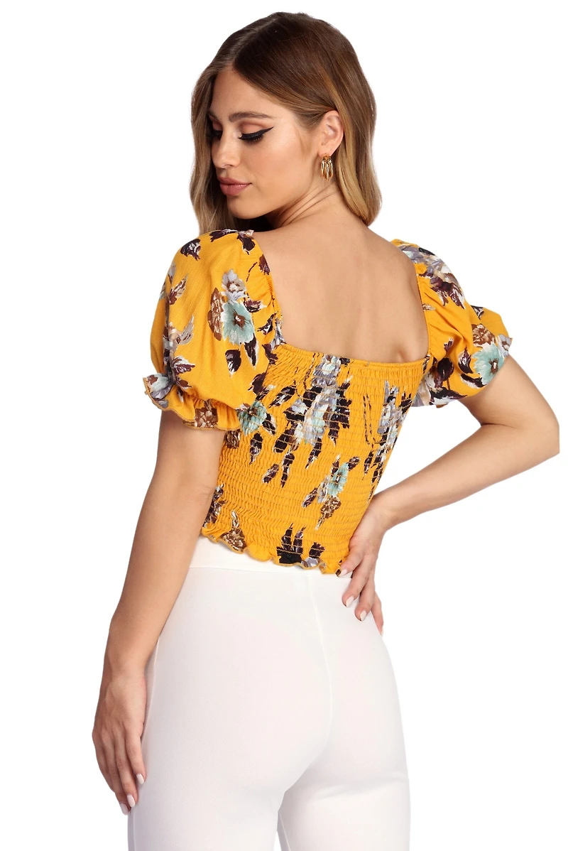Floral Smock Down Crop Top