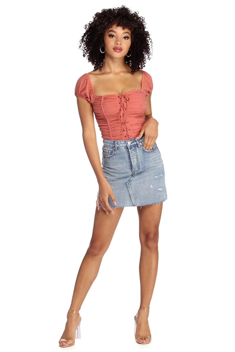 Lace Up Ruched Top