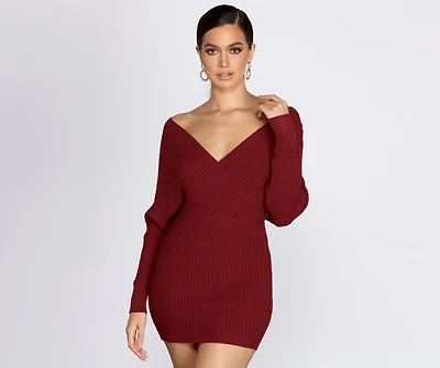 Ribbed Knit Surplice Mini Dress