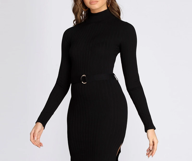 Mock Neck Belted Sweater Dress