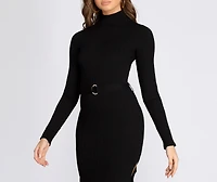 Mock Neck Belted Sweater Dress