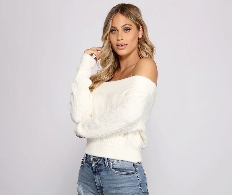 Off the Shoulder Cable Knit Sweater