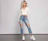 Collared Cropped Knit Henley Top