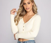 Ribbed Knit Cropped Button-Down Cardigan