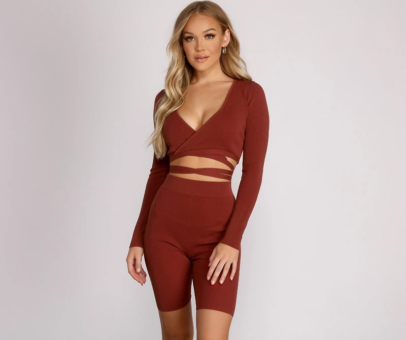 Keeping Knit Casual Wrap Crop Top