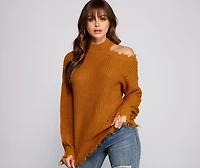 Distressed Cold Shoulder Crew Neck Sweater