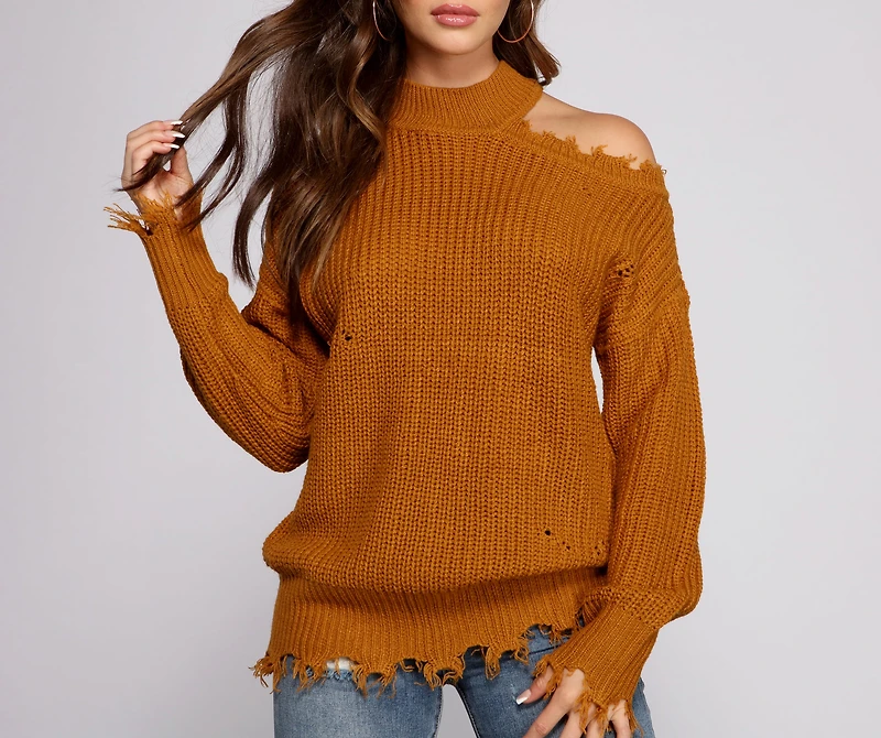 Distressed Cold Shoulder Crew Neck Sweater